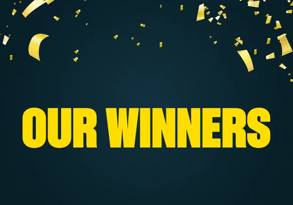 Bold yellow OUR WINNERS text with falling confetti